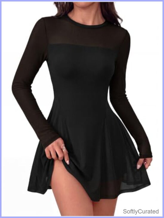 Dresses & Skirts - Women's Sheer Mesh Long Sleeve Mini Dress A-Line Cocktail Party